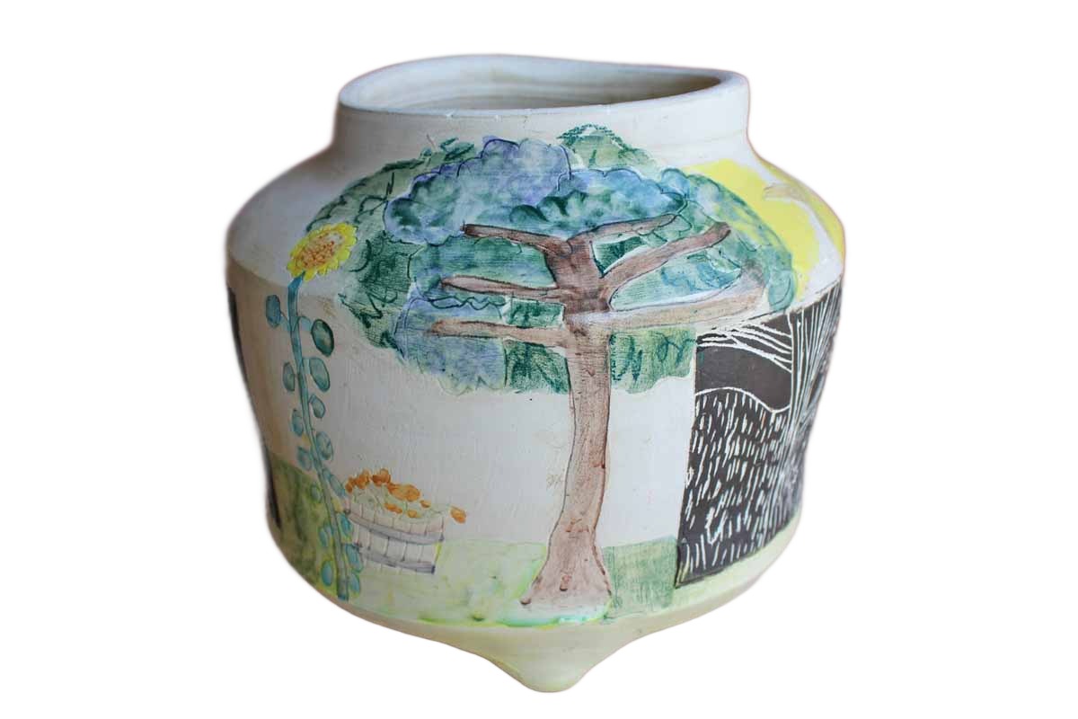 Handmade Ceramic Cachepot Decorated with Colorful Primitive Nature Designs