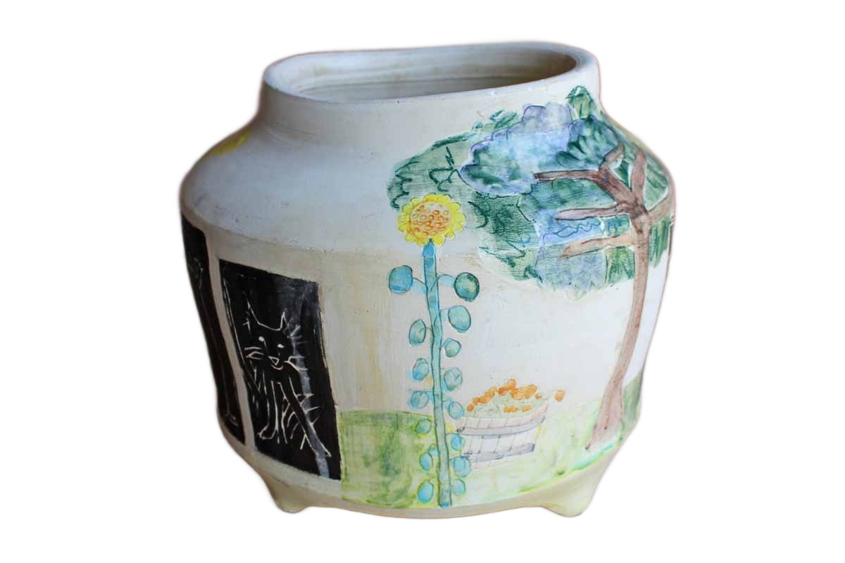 Handmade Ceramic Cachepot Decorated with Colorful Primitive Nature Designs