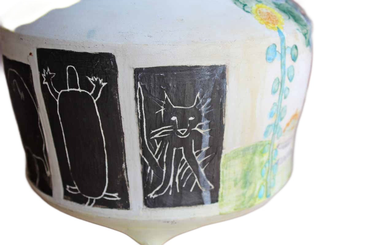Handmade Ceramic Cachepot Decorated with Colorful Primitive Nature Designs