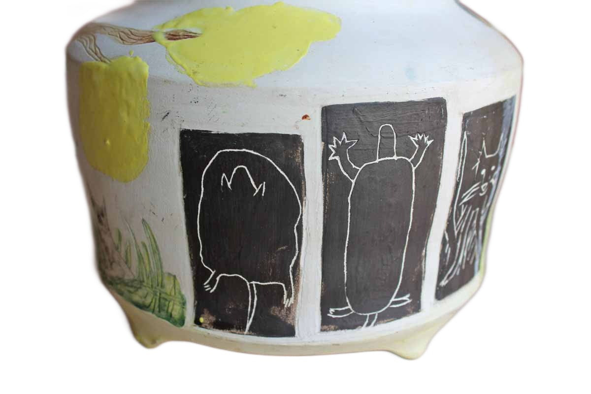 Handmade Ceramic Cachepot Decorated with Colorful Primitive Nature Designs
