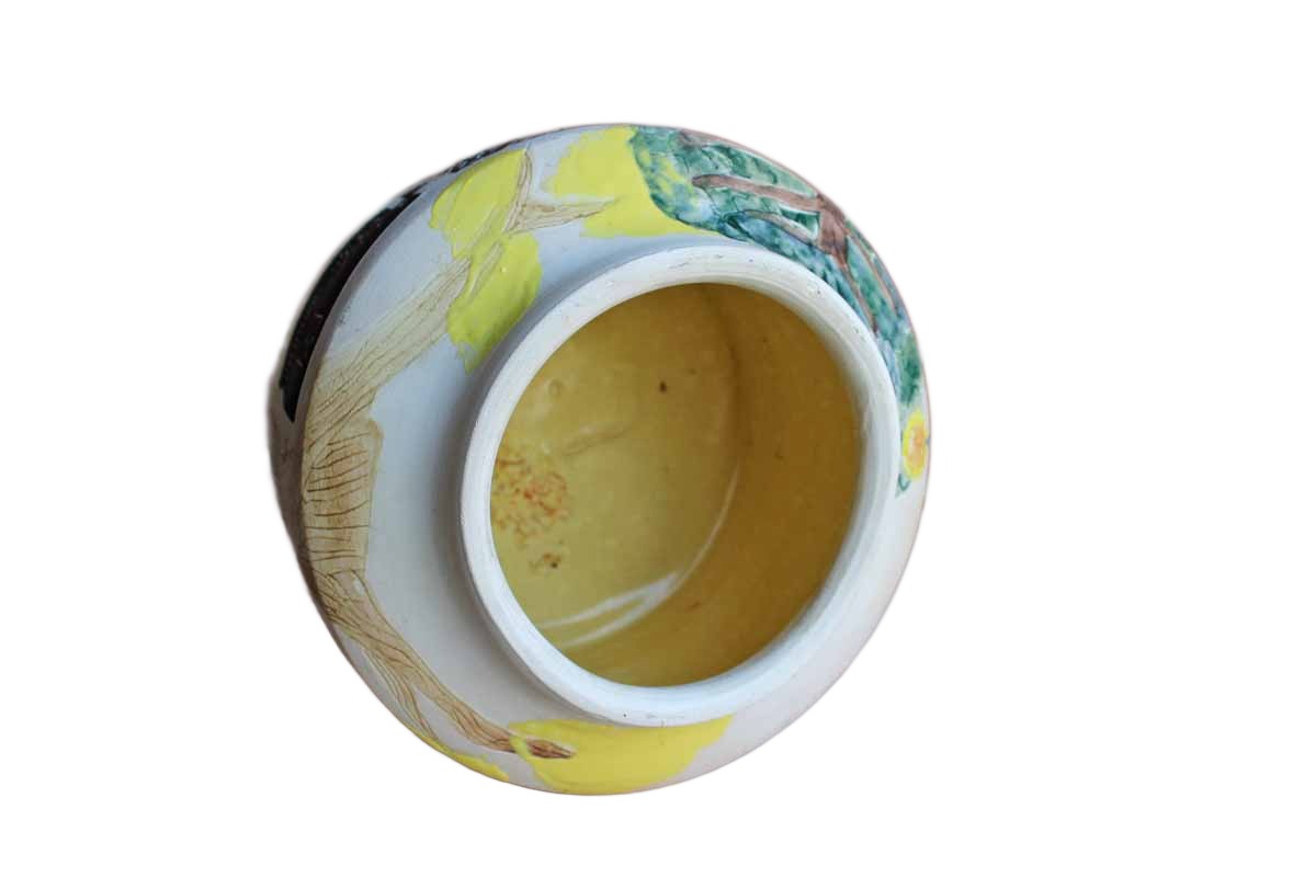 Handmade Ceramic Cachepot Decorated with Colorful Primitive Nature Designs