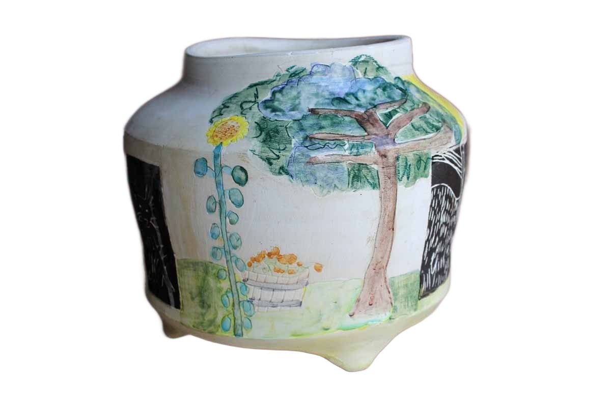 Handmade Ceramic Cachepot Decorated with Colorful Primitive Nature Designs