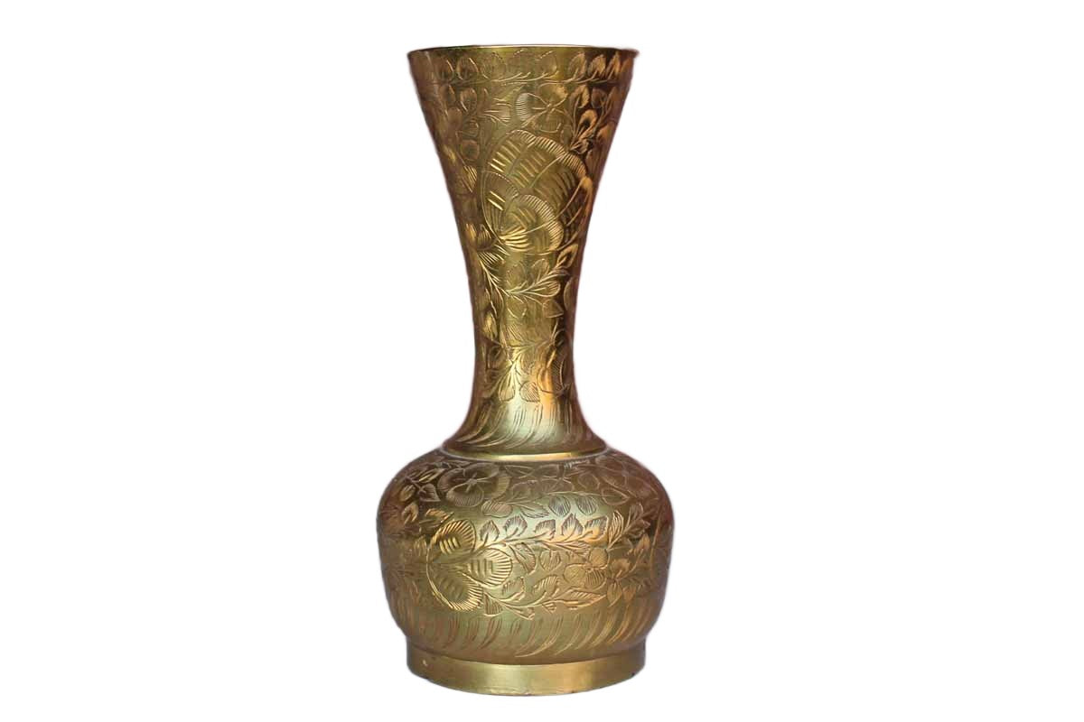Sarna (India) Flower Etched Brass Vase with Tall Flaring Neck