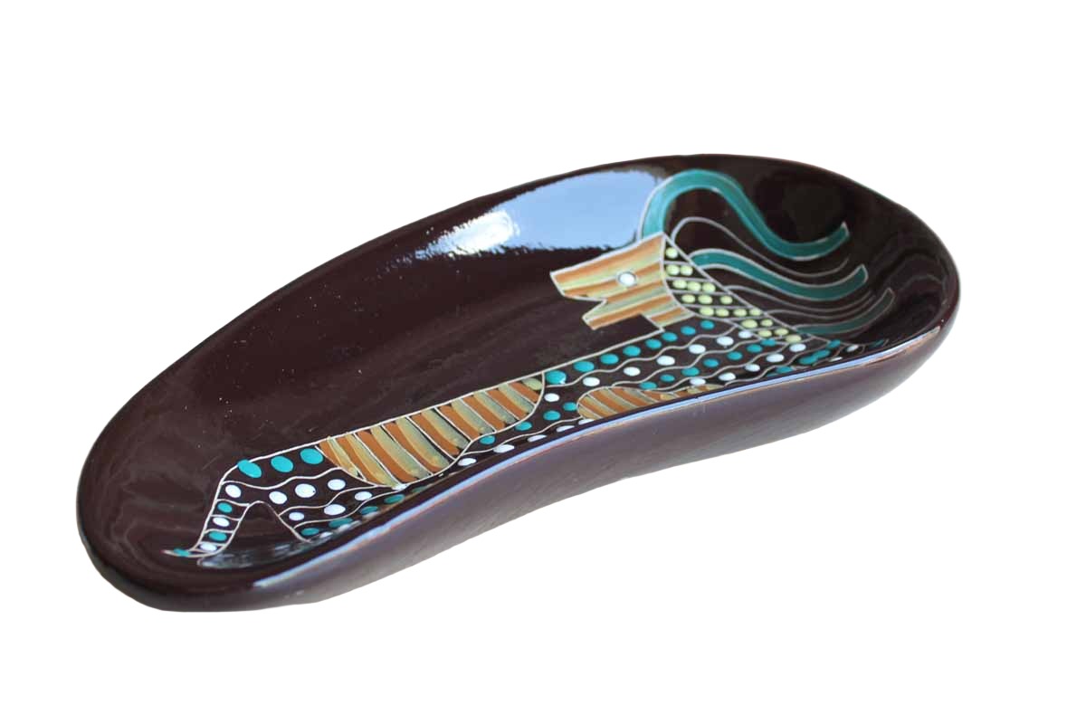 Large Bean-Shaped Glossy Brown Dish with Hand-Painted Abstract Lion Design