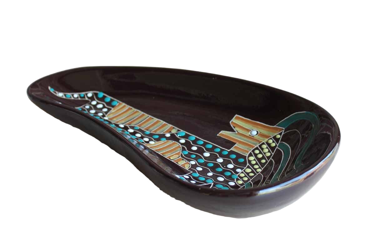 Large Bean-Shaped Glossy Brown Dish with Hand-Painted Abstract Lion Design