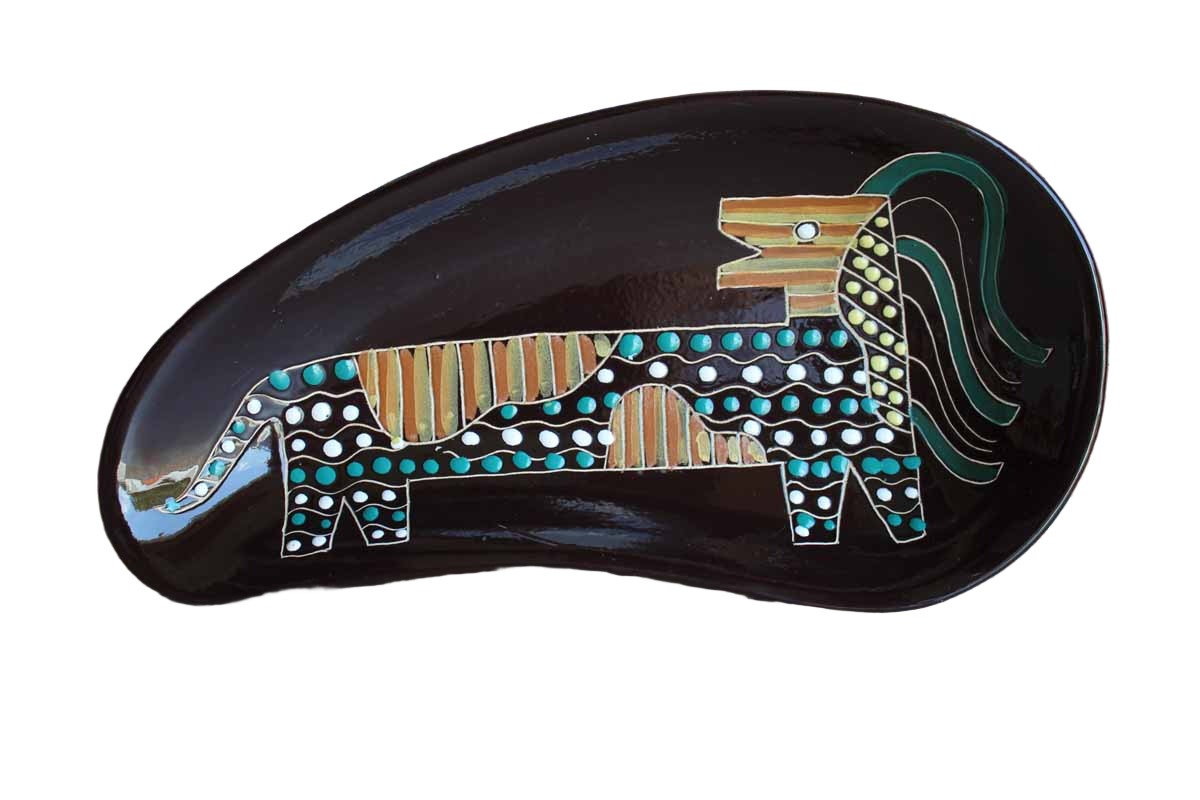 Large Bean-Shaped Glossy Brown Dish with Hand-Painted Abstract Lion Design