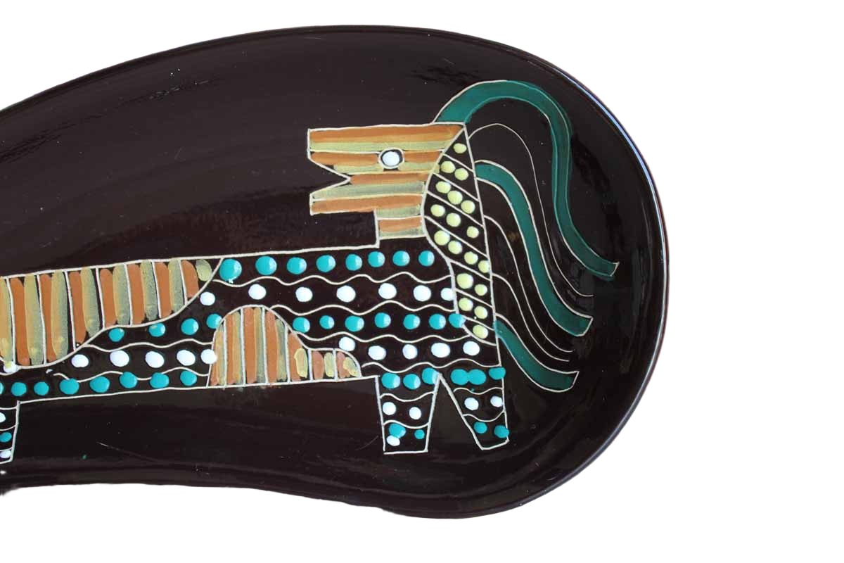 Large Bean-Shaped Glossy Brown Dish with Hand-Painted Abstract Lion Design