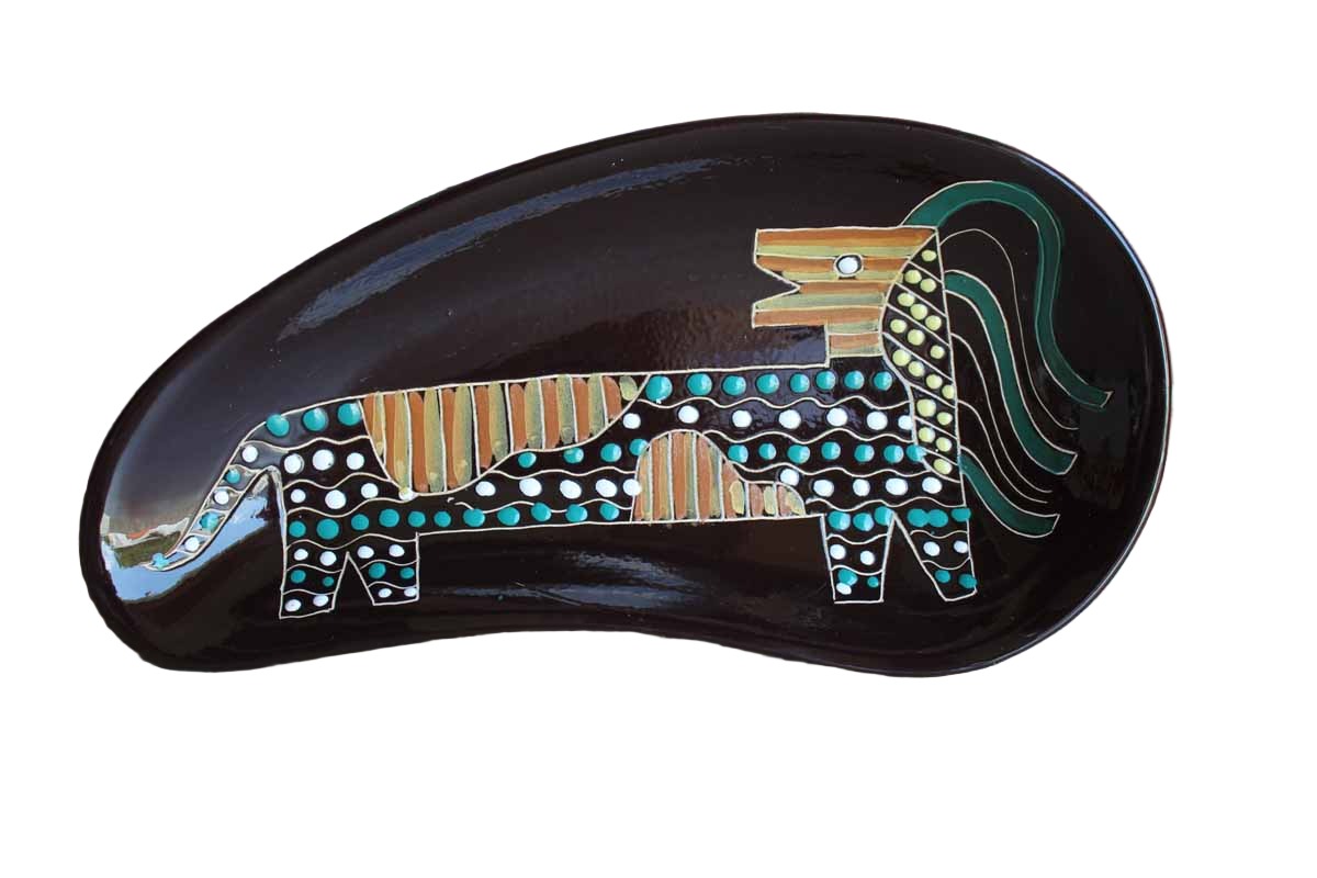 Large Bean-Shaped Glossy Brown Dish with Hand-Painted Abstract Lion Design
