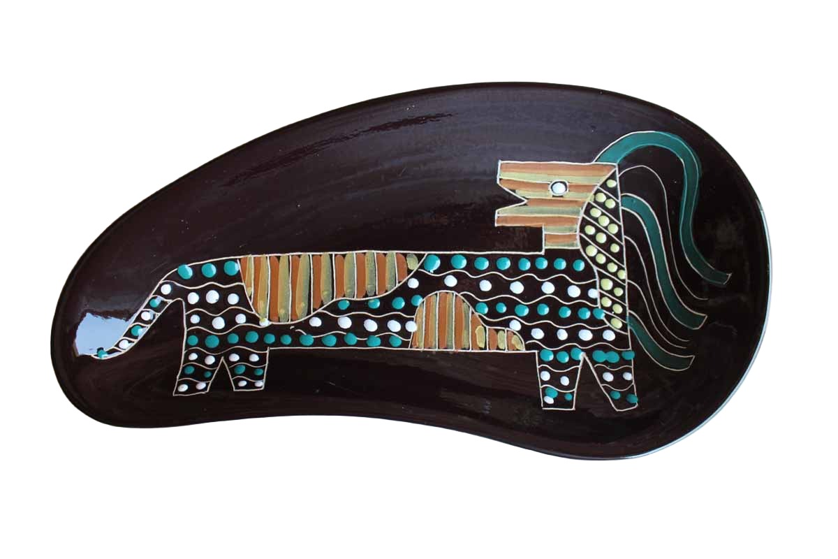Large Bean-Shaped Glossy Brown Dish with Hand-Painted Abstract Lion Design