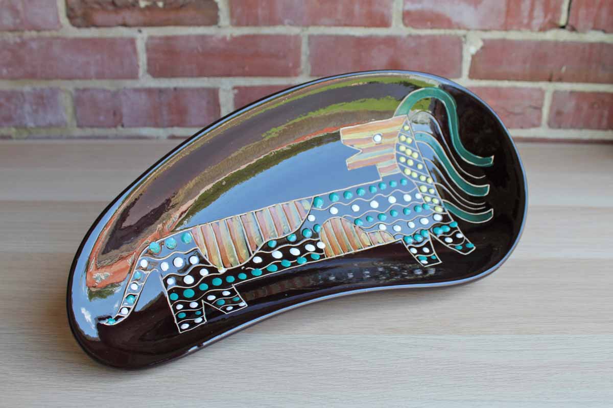 Large Bean-Shaped Glossy Brown Dish with Hand-Painted Abstract Lion Design