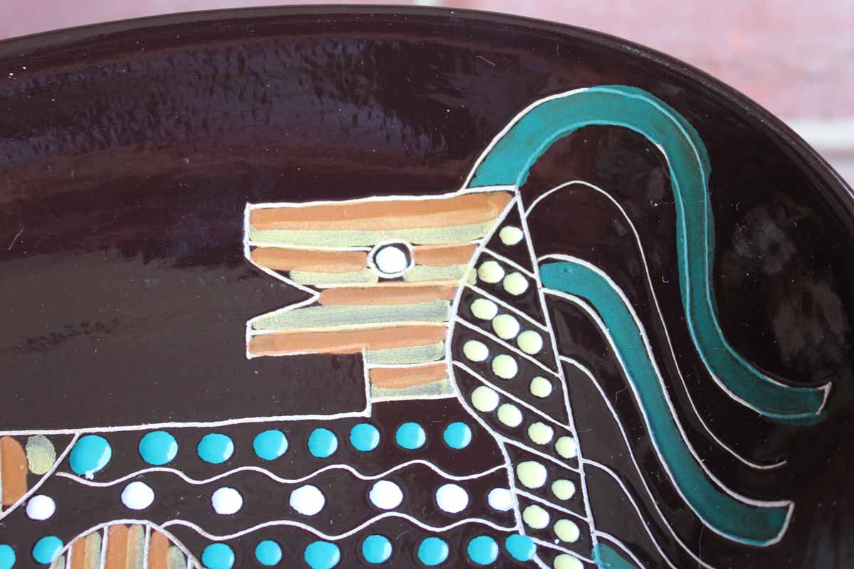 Large Bean-Shaped Glossy Brown Dish with Hand-Painted Abstract Lion Design