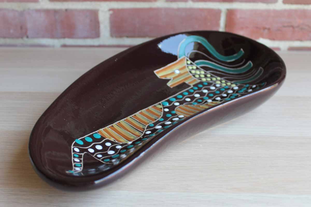 Large Bean-Shaped Glossy Brown Dish with Hand-Painted Abstract Lion Design