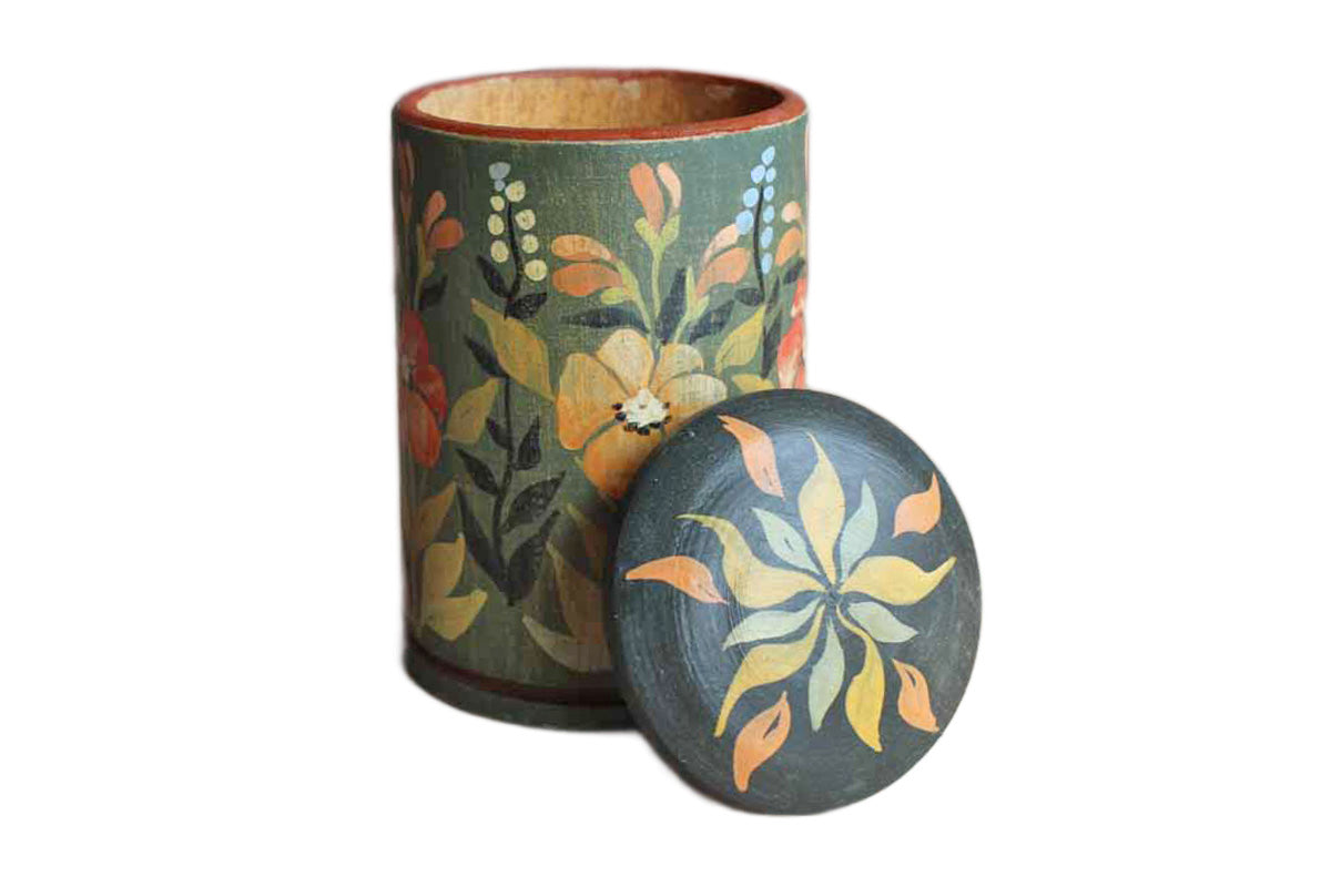 Primitive Wood Storage Container with Painted Flowers