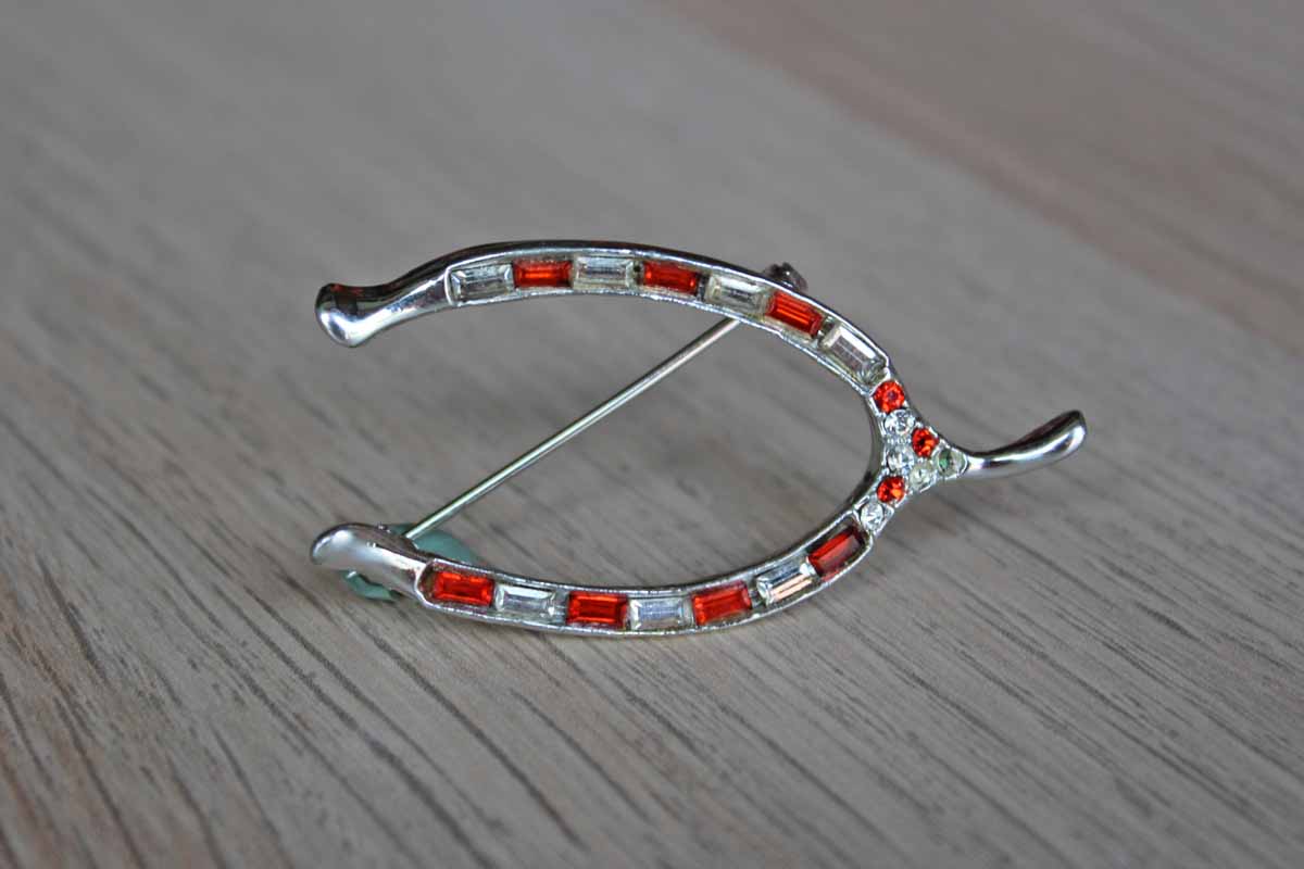 Silver Wishbone Brooch with Orange and Silver Rhinestones Baguettes