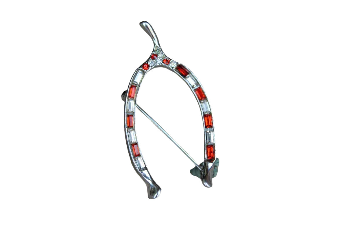 Silver Wishbone Brooch with Orange and Silver Rhinestones Baguettes