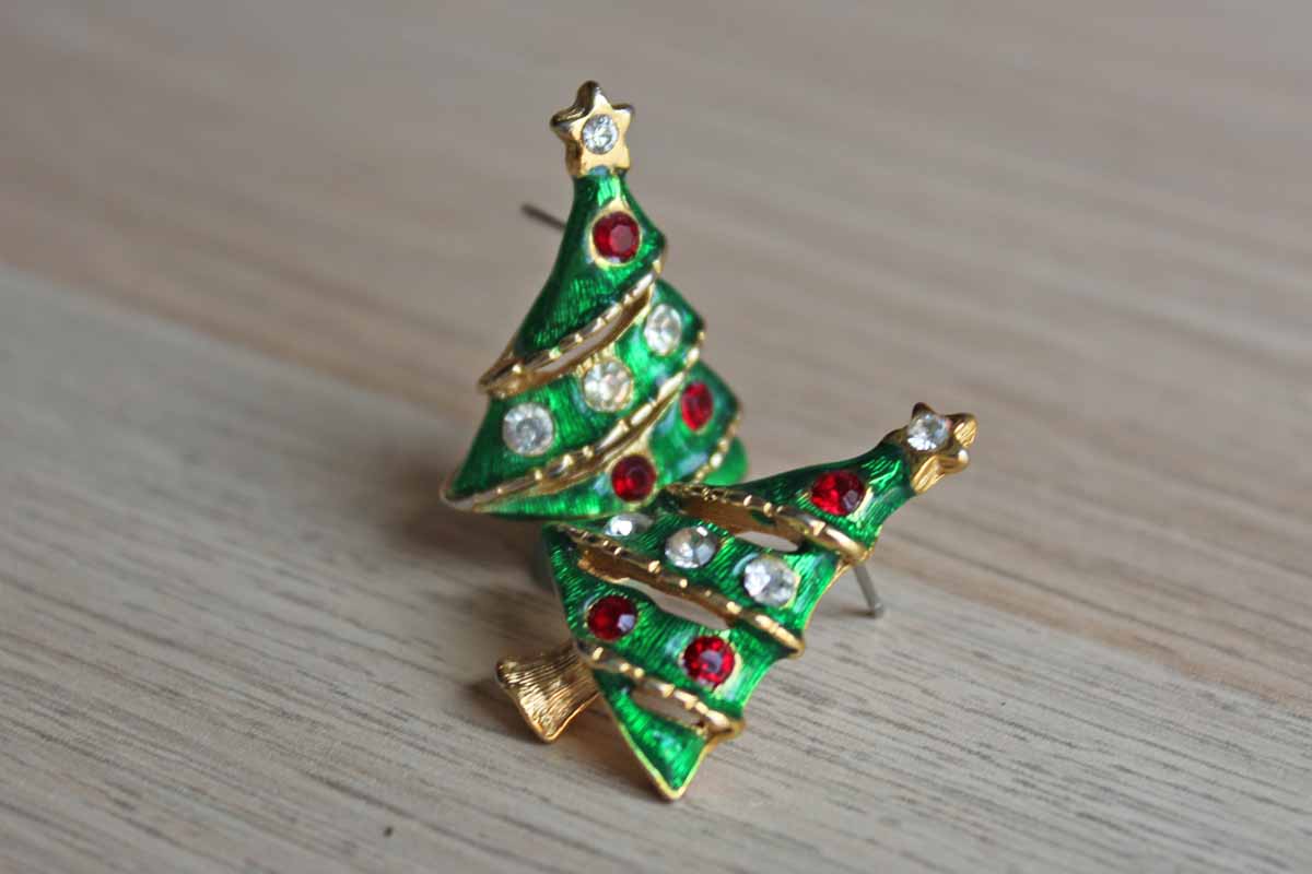 Gold Tone Green Enameled Christmas Tree Pierced Earrings with Silver and Red Rhinestones