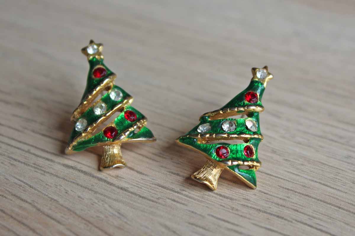 Gold Tone Green Enameled Christmas Tree Pierced Earrings with Silver and Red Rhinestones