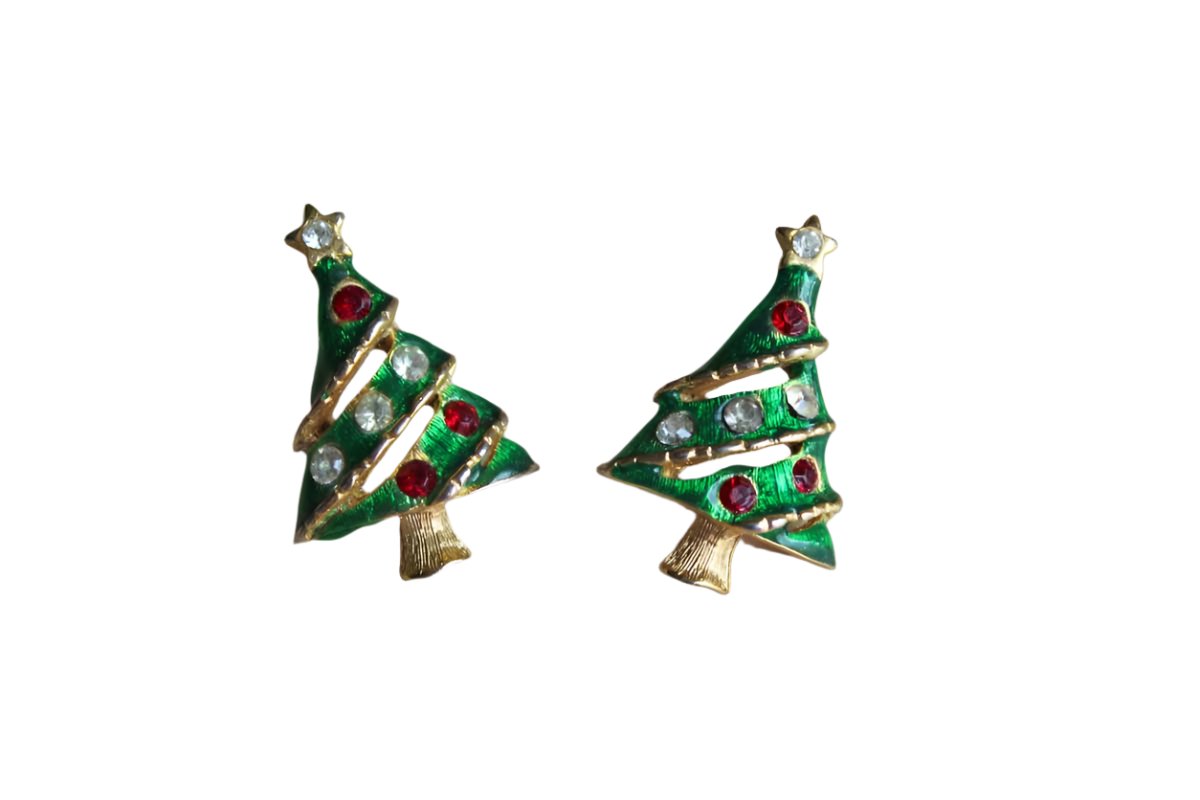 Gold Tone Green Enameled Christmas Tree Pierced Earrings with Silver and Red Rhinestones