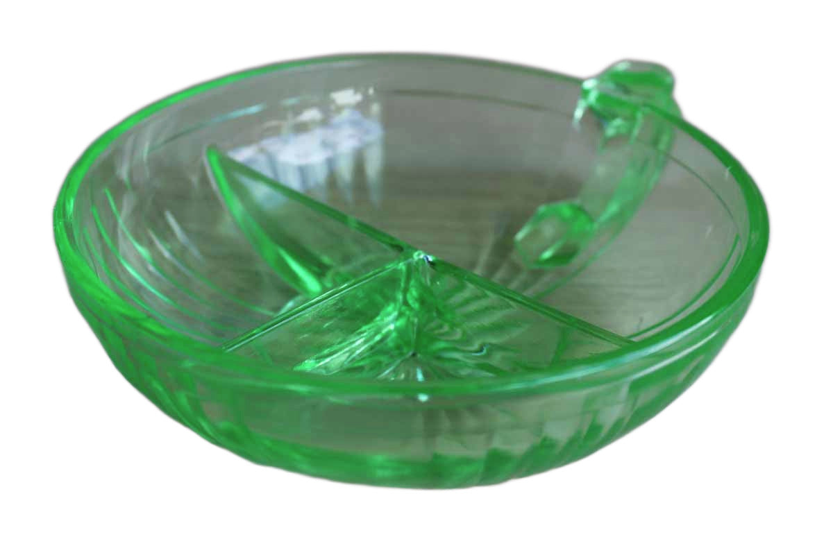 Green Vaseline Glass Divided Dish with Thumb Handle