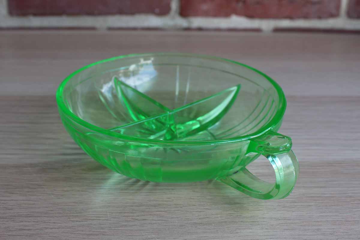 Green Vaseline Glass Divided Dish with Thumb Handle