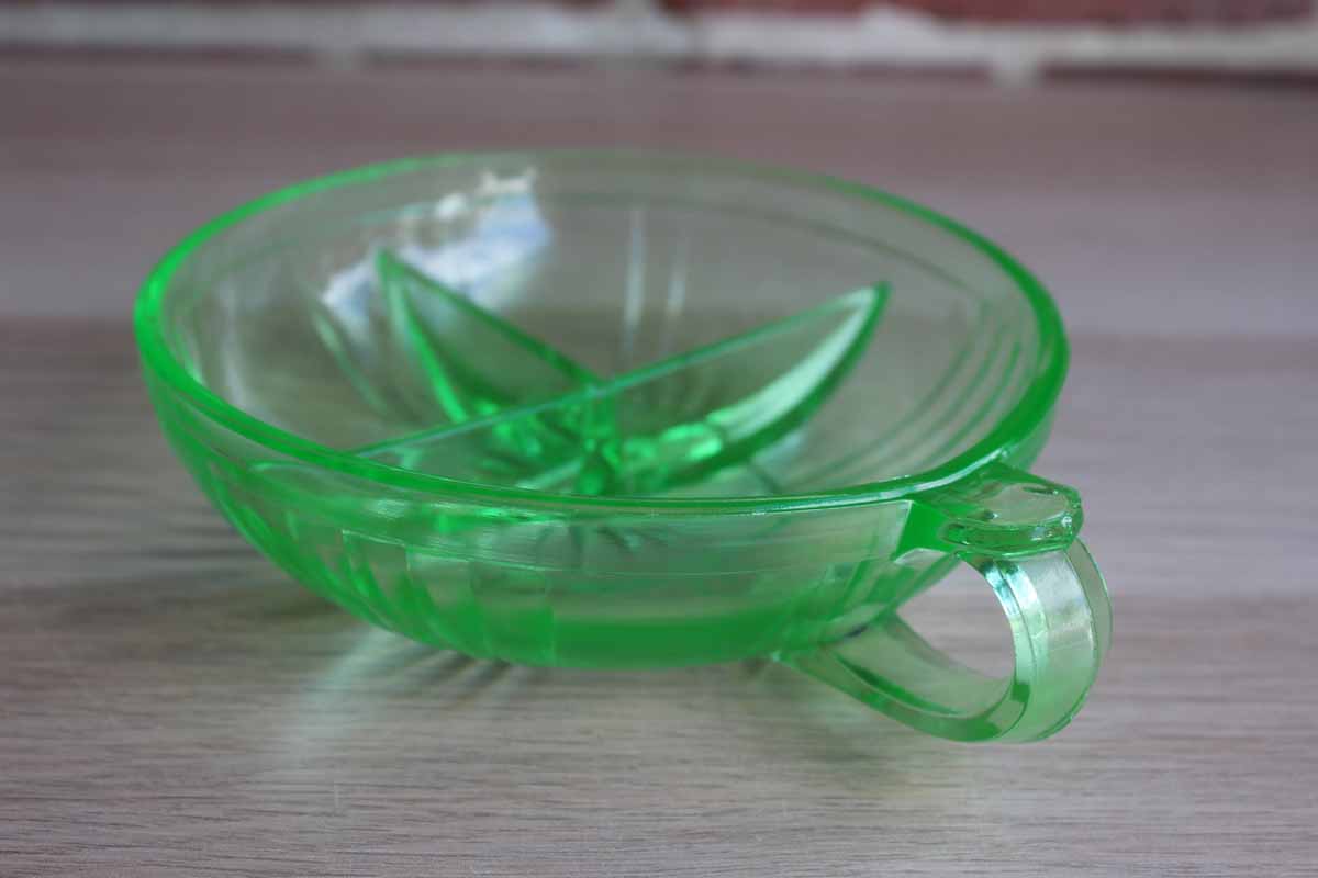 Green Vaseline Glass Divided Dish with Thumb Handle