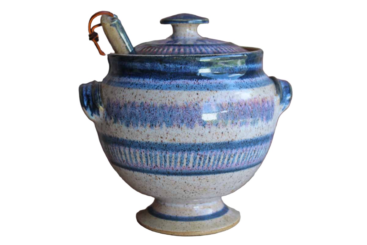 Handmade Stoneware Tureen with Matching Ladle Decorated in Blues and Purples (Pickup Only)