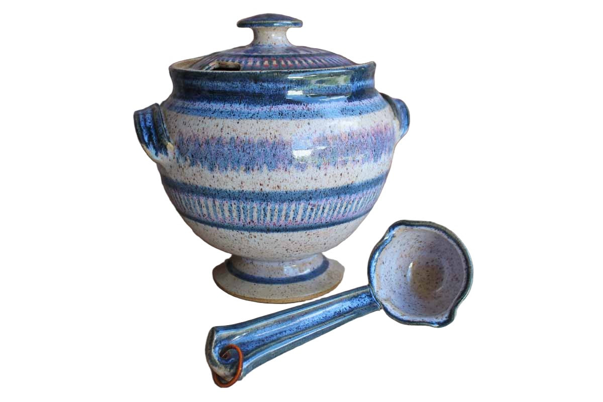 Handmade Stoneware Tureen with Matching Ladle Decorated in Blues and Purples (Pickup Only)