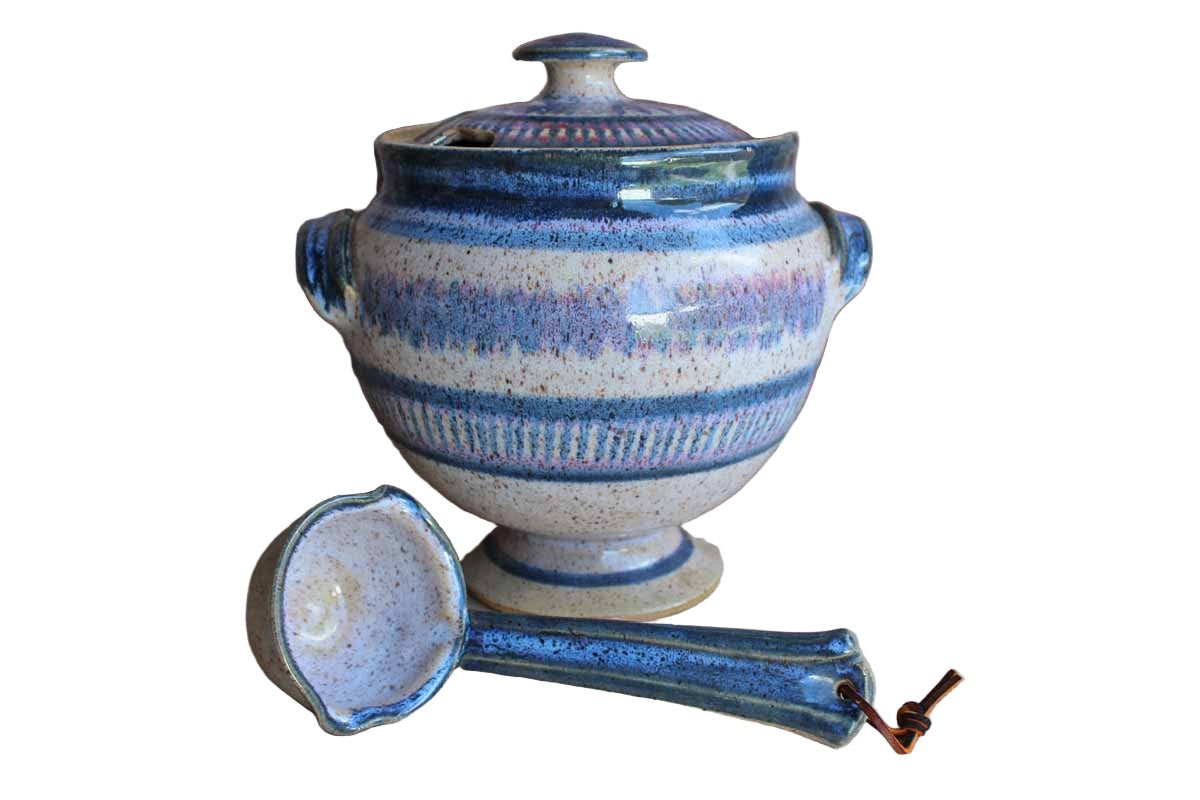 Handmade Stoneware Tureen with Matching Ladle Decorated in Blues and Purples (Pickup Only)