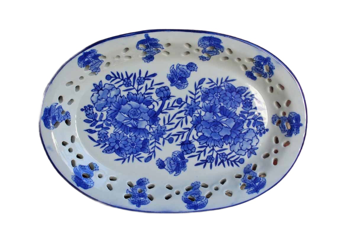 Ceramic Blue and White Oval Dish with Flowers and Cut Out Designs on the Rim