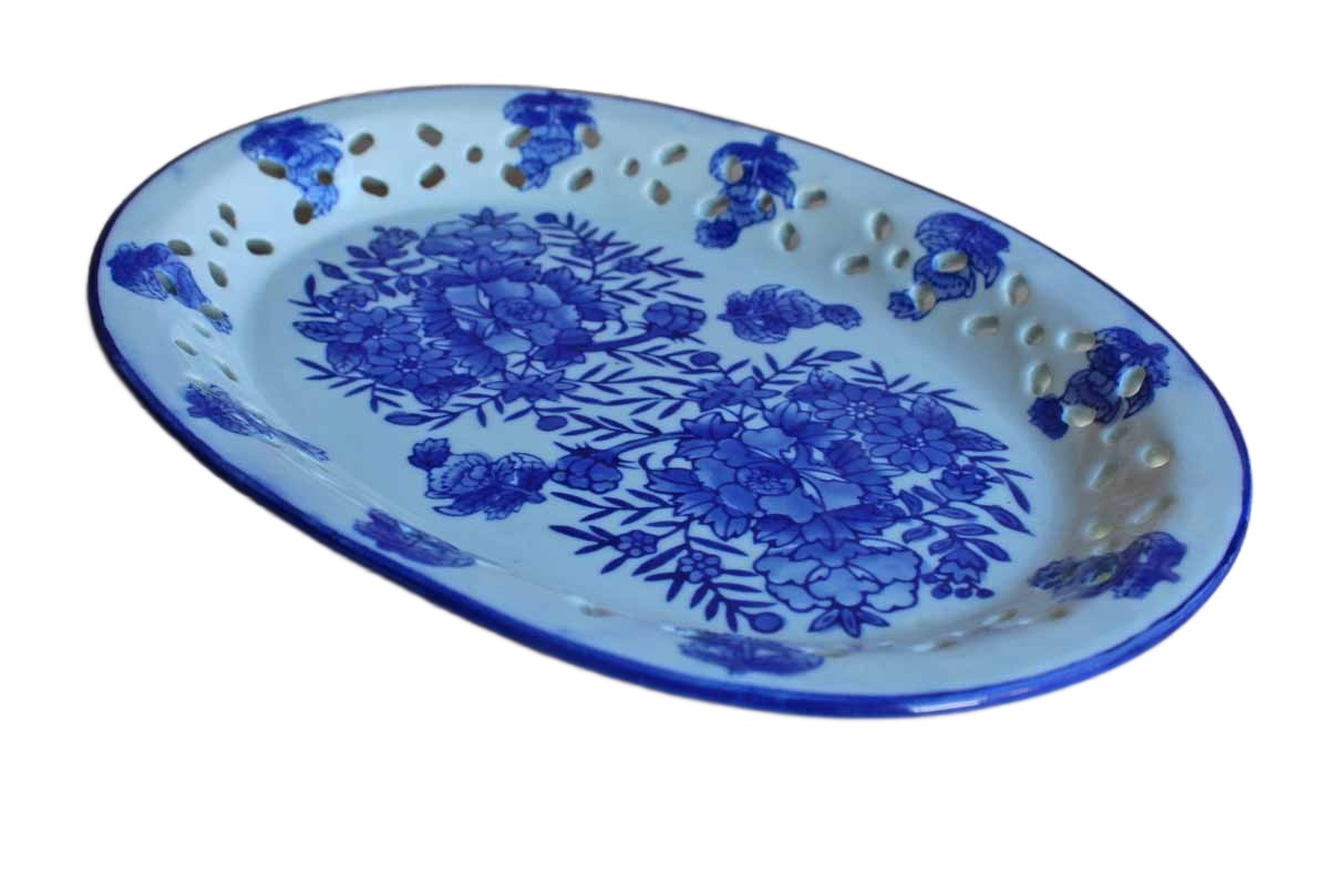 Ceramic Blue and White Oval Dish with Flowers and Cut Out Designs on the Rim
