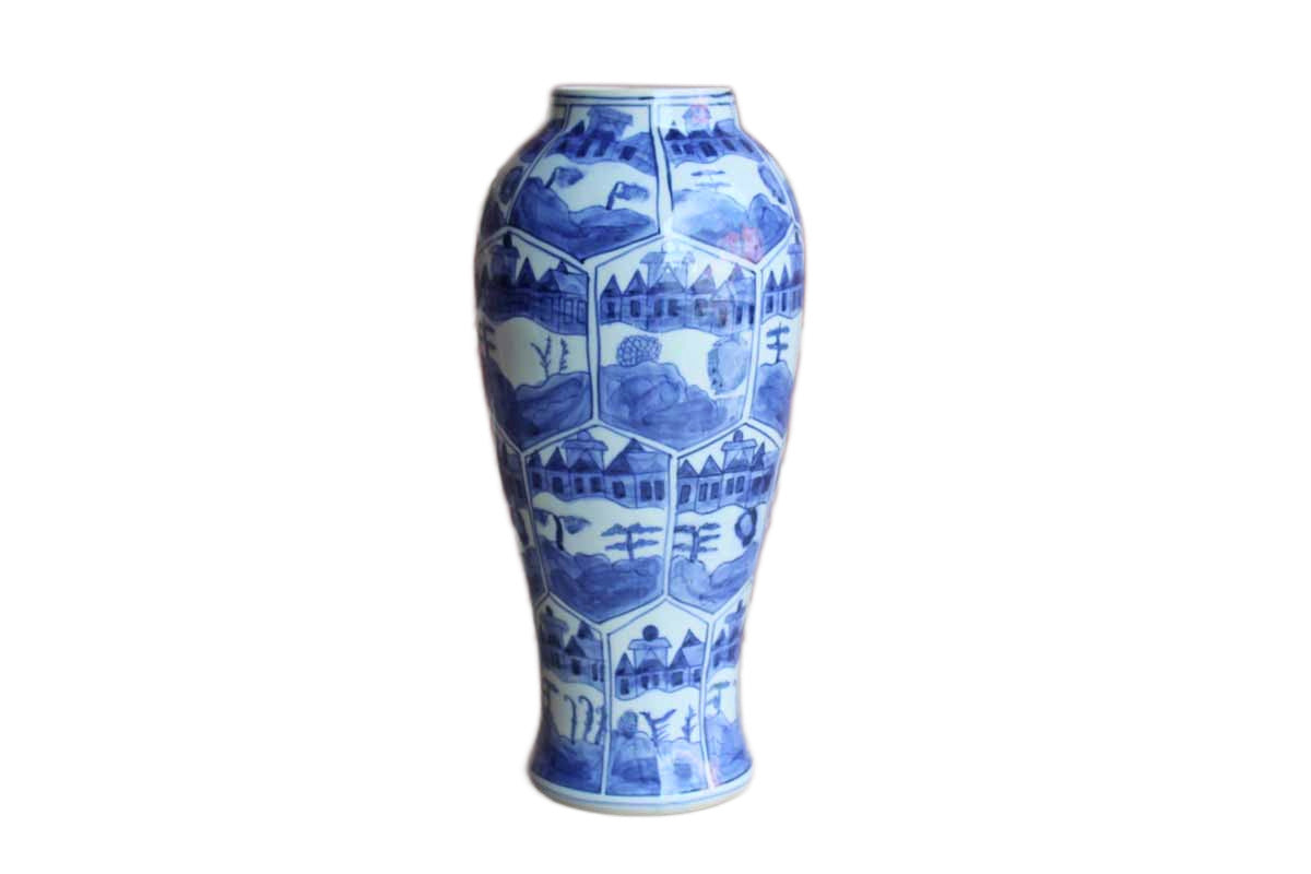 Slender Blue and White Ceramic Vase with Landscape and Town Scenes