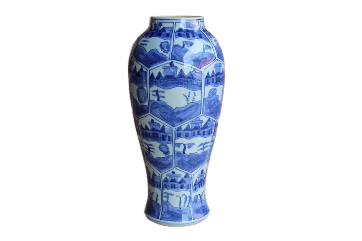Slender Blue and White Ceramic Vase with Landscape and Town Scenes