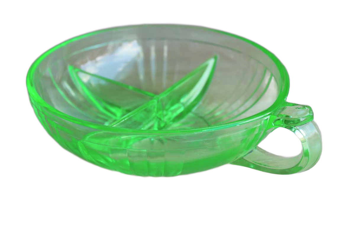 Green Vaseline Glass Divided Dish with Thumb Handle