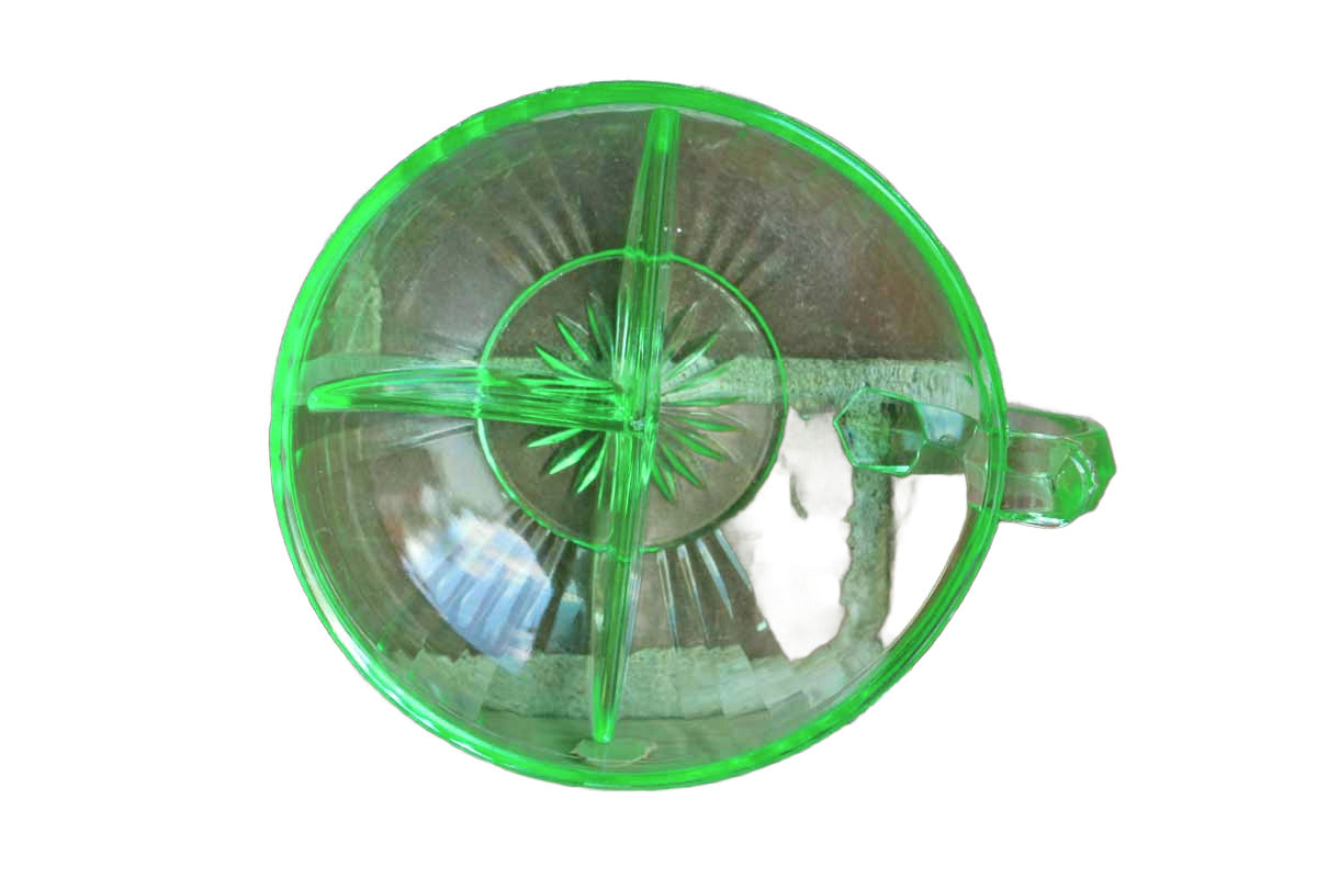 Green Vaseline Glass Divided Dish with Thumb Handle