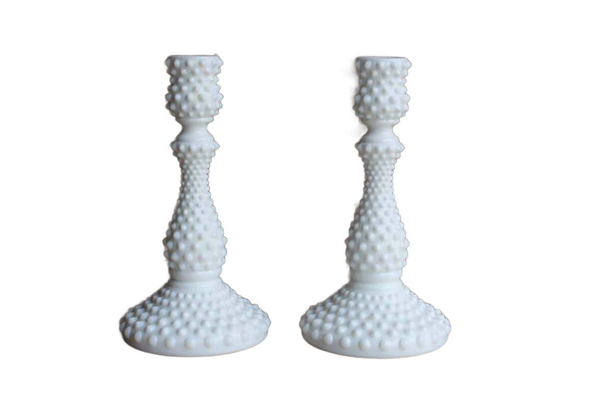 Fenton Art Glass (West Virginia, USA) White Hobnail Candlesticks, A Pair