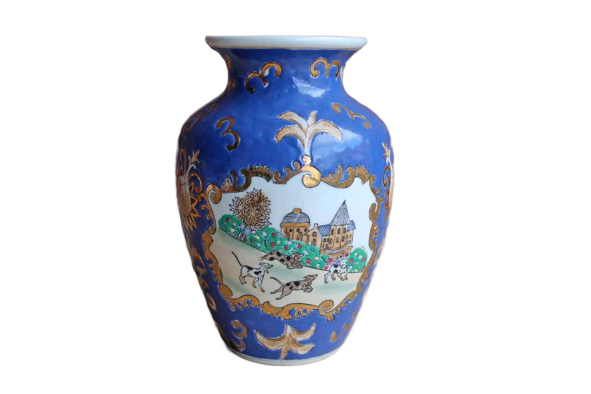Porcelain Vase Decorated with Cameos of Dogs Playing in a Village Surrounded by Gilded Flowers