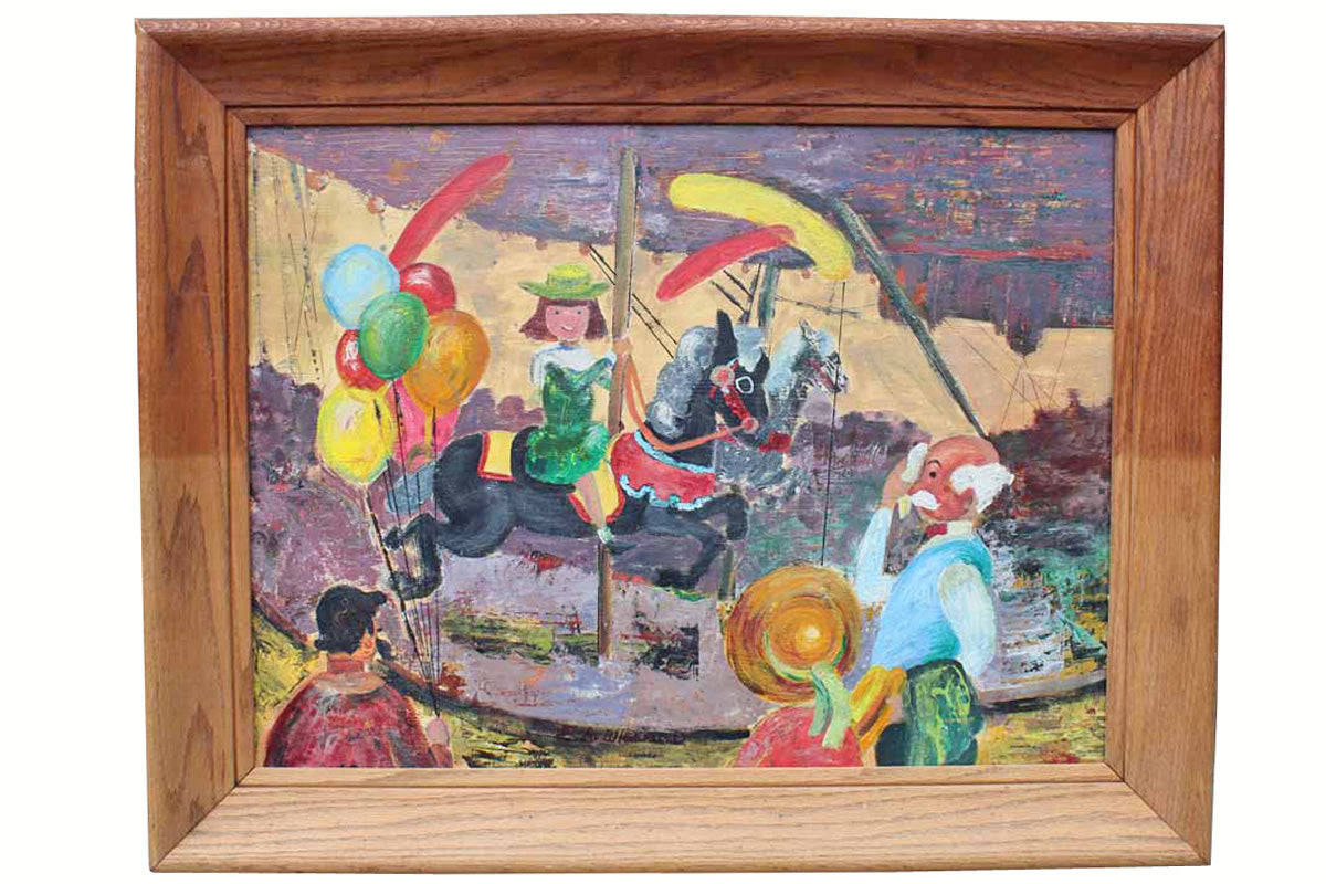 Signed & Framed Original Oil Painting of a Carousel Scene by E.A. Wieland