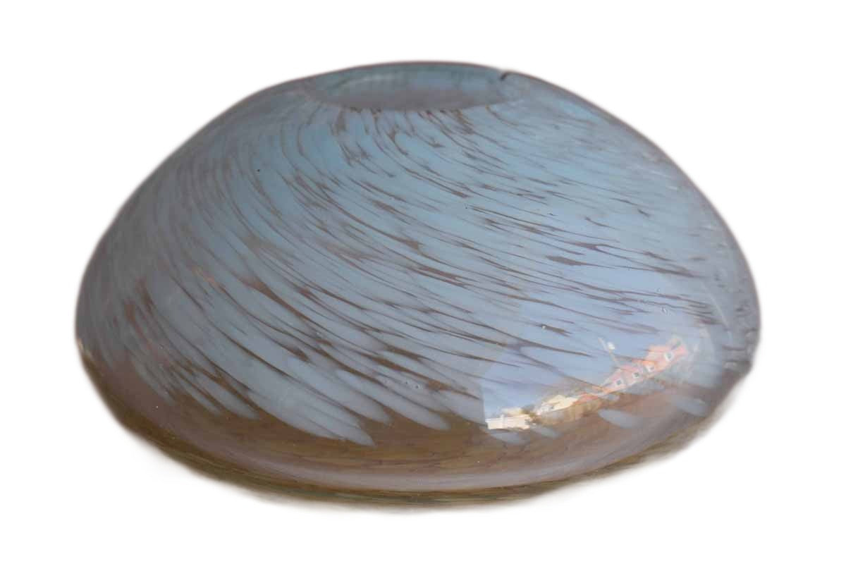 Art Glass Bowl with Rounded Squat Body and Swirling Blue Designs