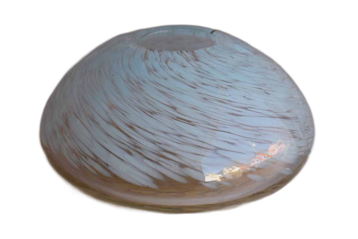Art Glass Bowl with Rounded Squat Body and Swirling Blue Designs