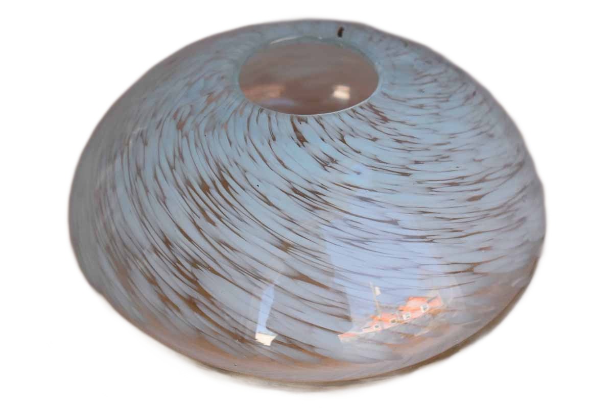 Art Glass Bowl with Rounded Squat Body and Swirling Blue Designs
