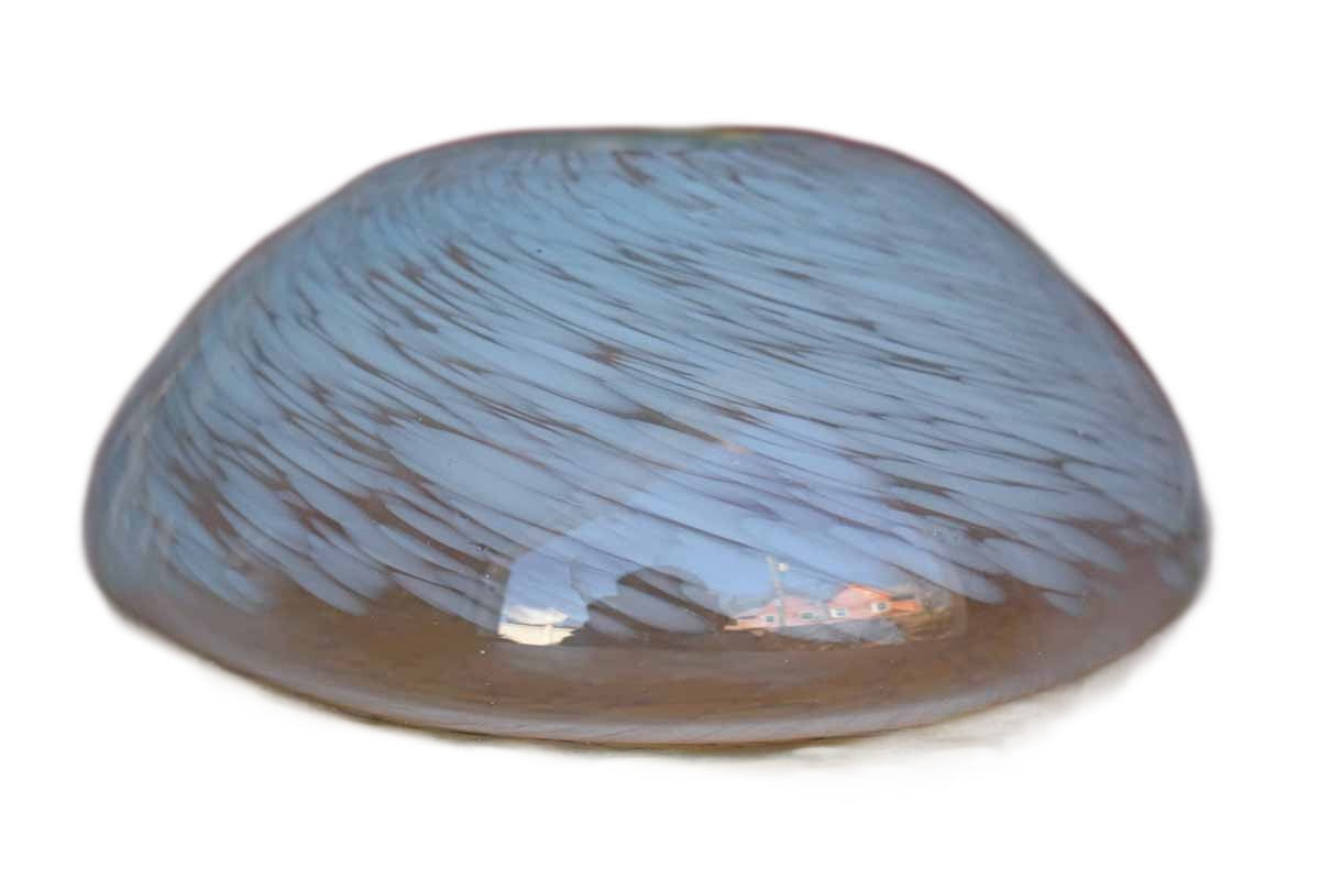 Art Glass Bowl with Rounded Squat Body and Swirling Blue Designs
