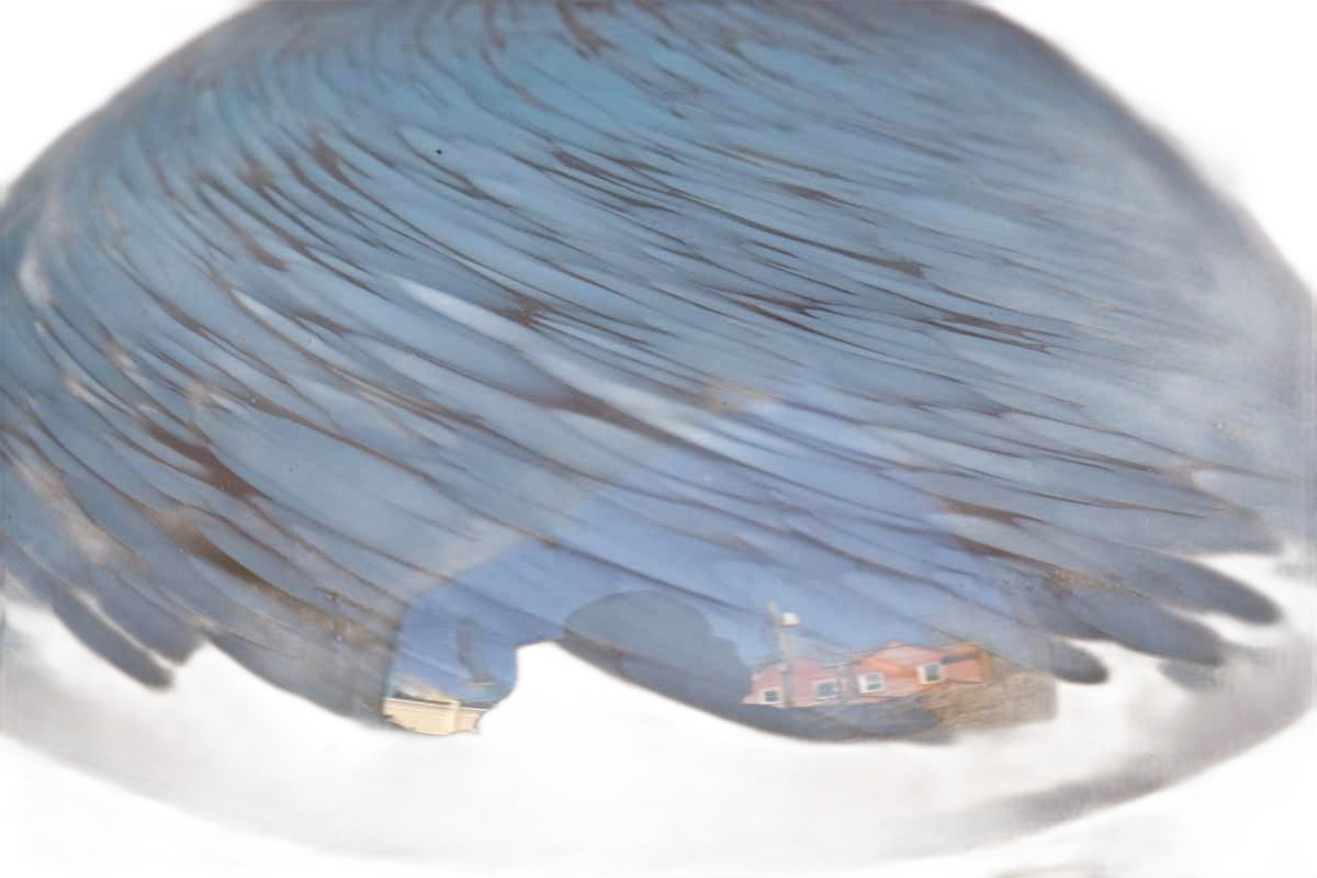 Art Glass Bowl with Rounded Squat Body and Swirling Blue Designs