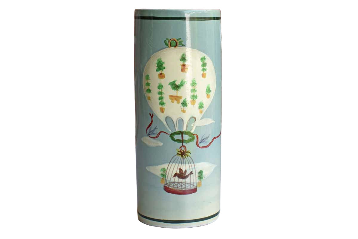 Sarah Akin-Smith Cylindrical Vase with Hand Painted Birds and Balloons