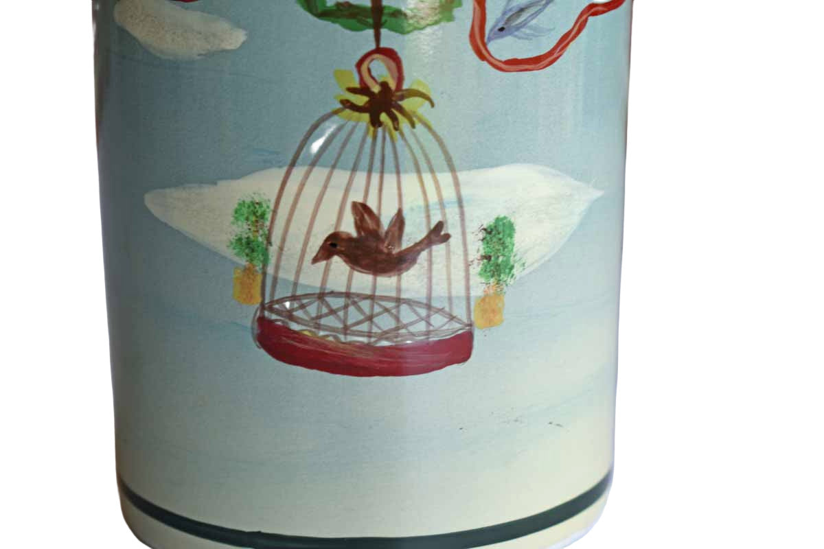 Sarah Akin-Smith Cylindrical Vase with Hand Painted Birds and Balloons