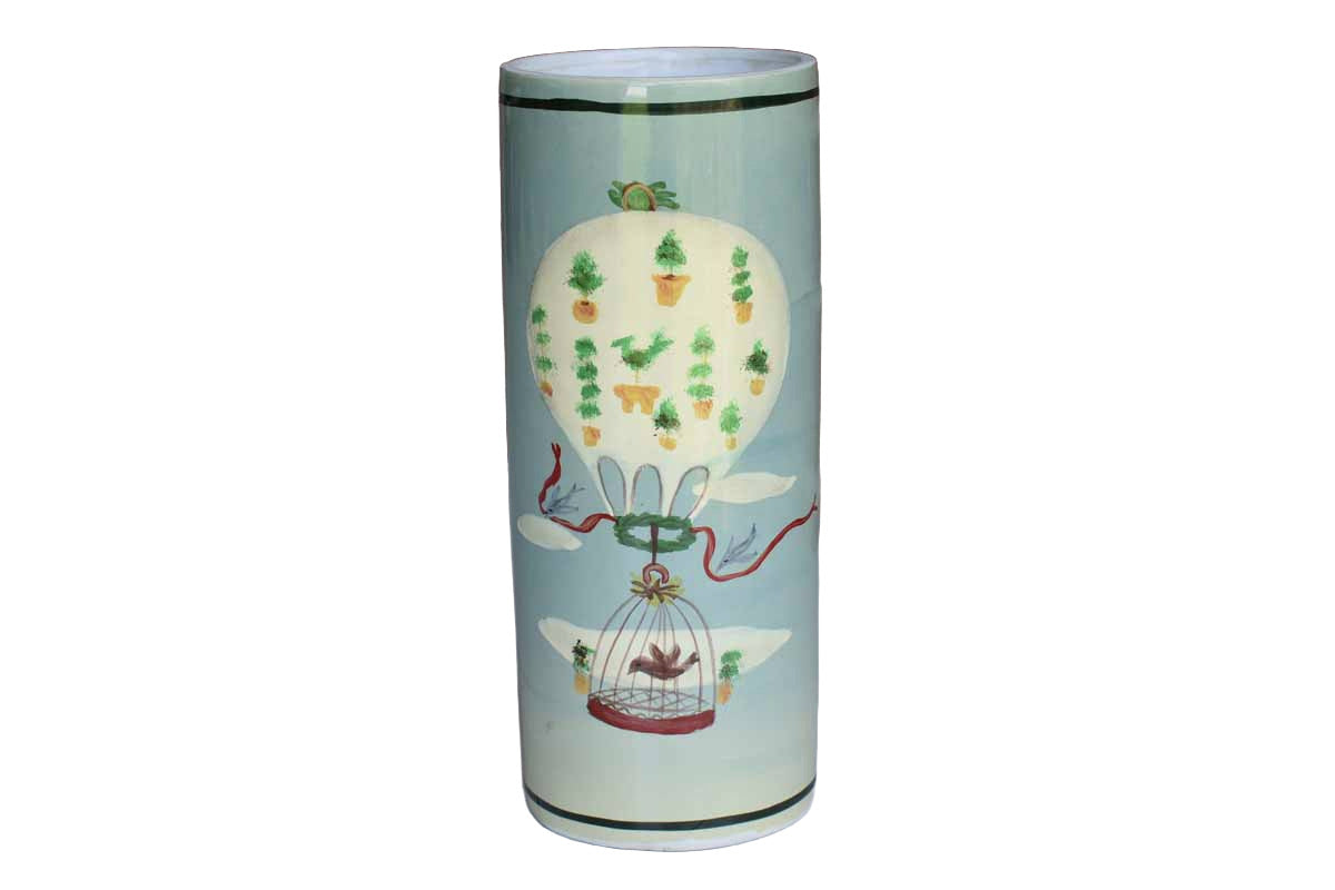 Sarah Akin-Smith Cylindrical Vase with Hand Painted Birds and Balloons