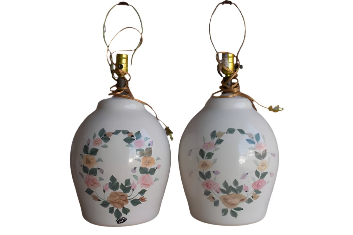 Large CCD Table Lamps with Hand Painted Flower Wreaths (Pickup Only)