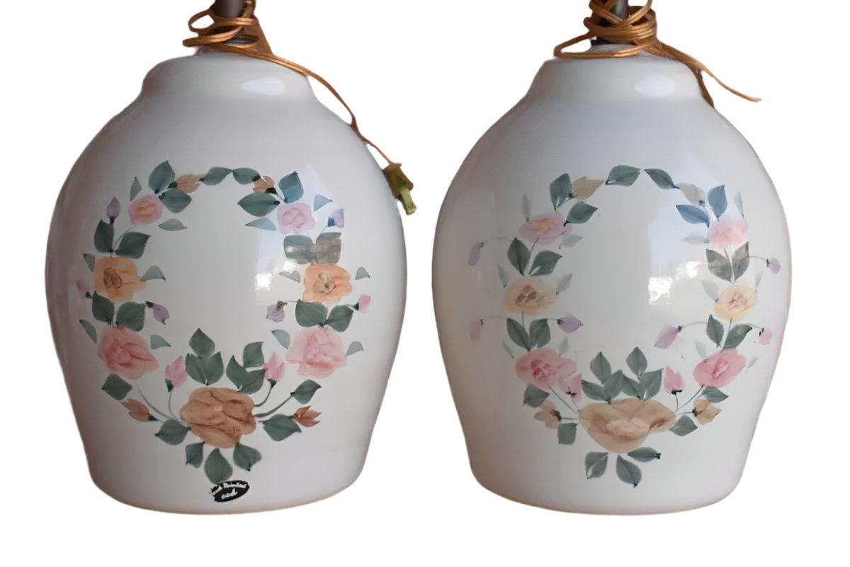 Large CCD Table Lamps with Hand Painted Flower Wreaths (Pickup Only)