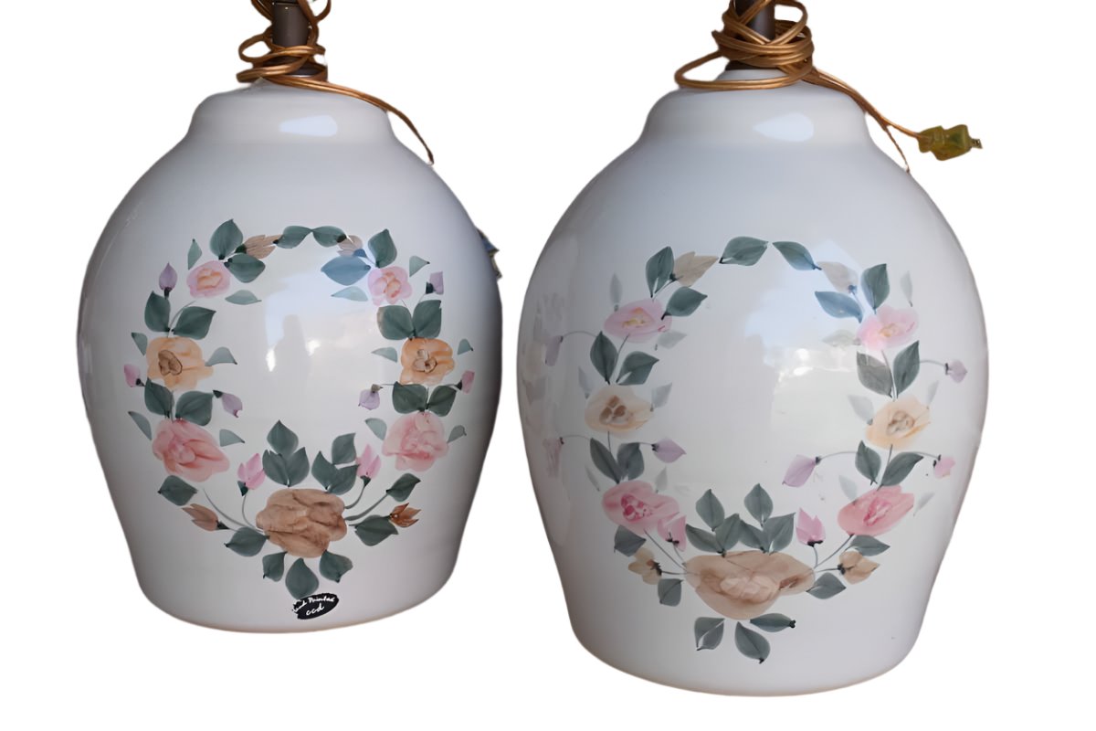 Large CCD Table Lamps with Hand Painted Flower Wreaths (Pickup Only)