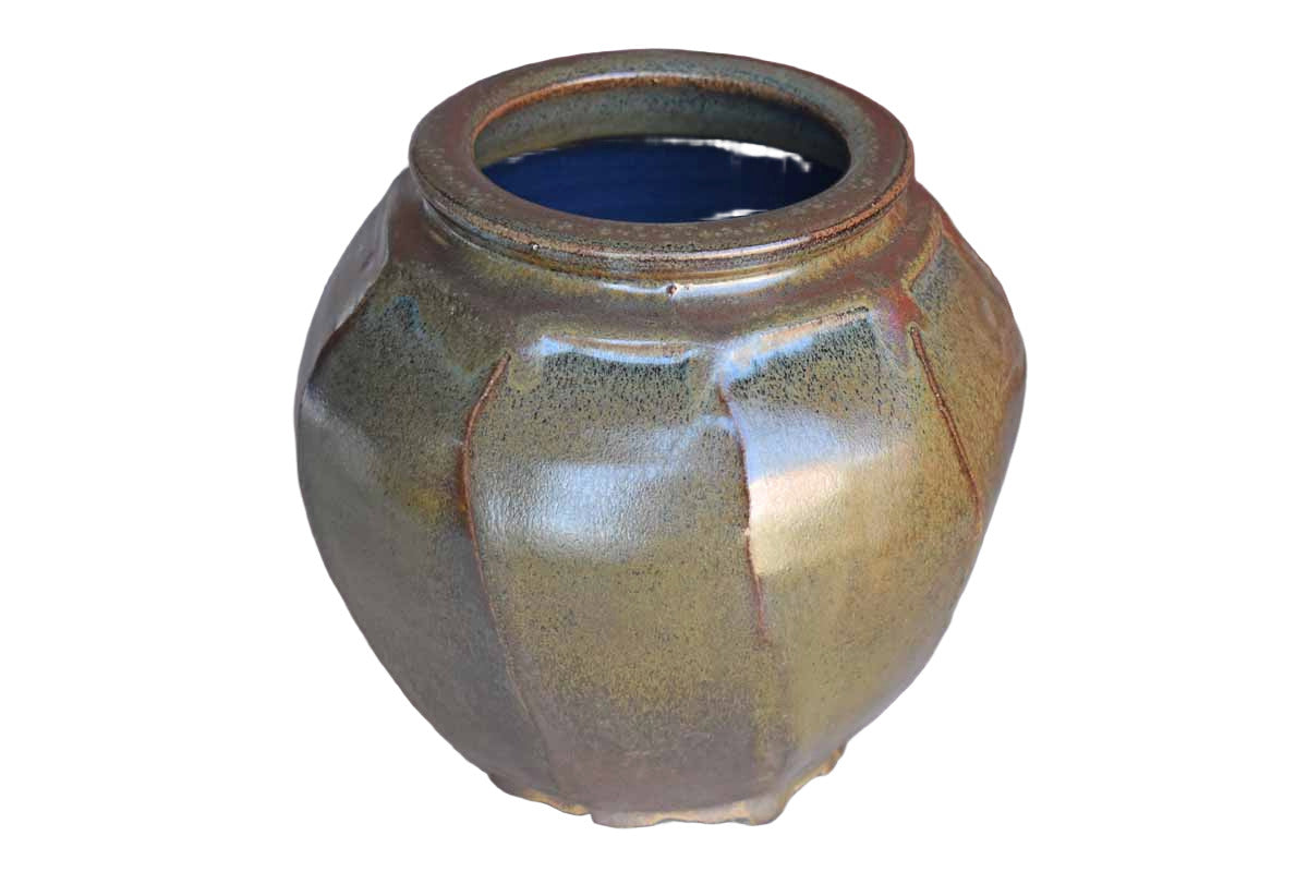 Large Heavy Stoneware Vase with Shimmery Dark Green and Ochre Glazes