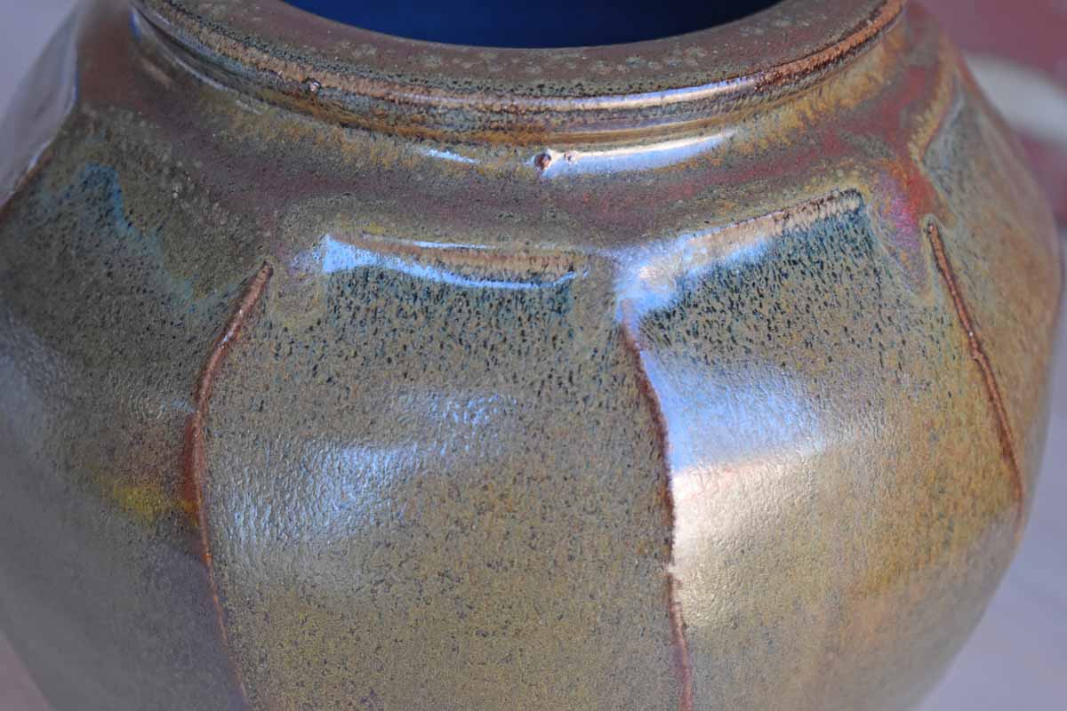 Large Heavy Stoneware Vase with Shimmery Dark Green and Ochre Glazes